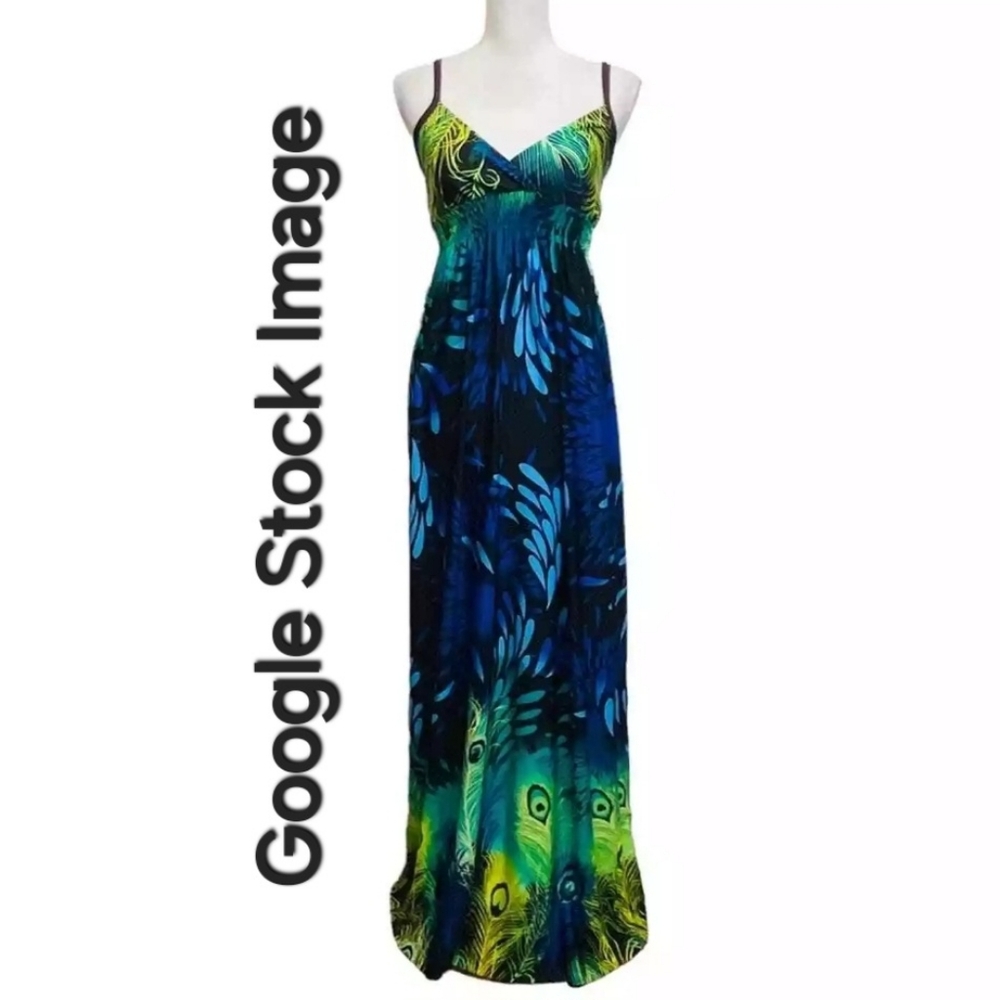 Bailey Blue • TROPICAL Peacock Feather Print Maxi Dress Sz Large